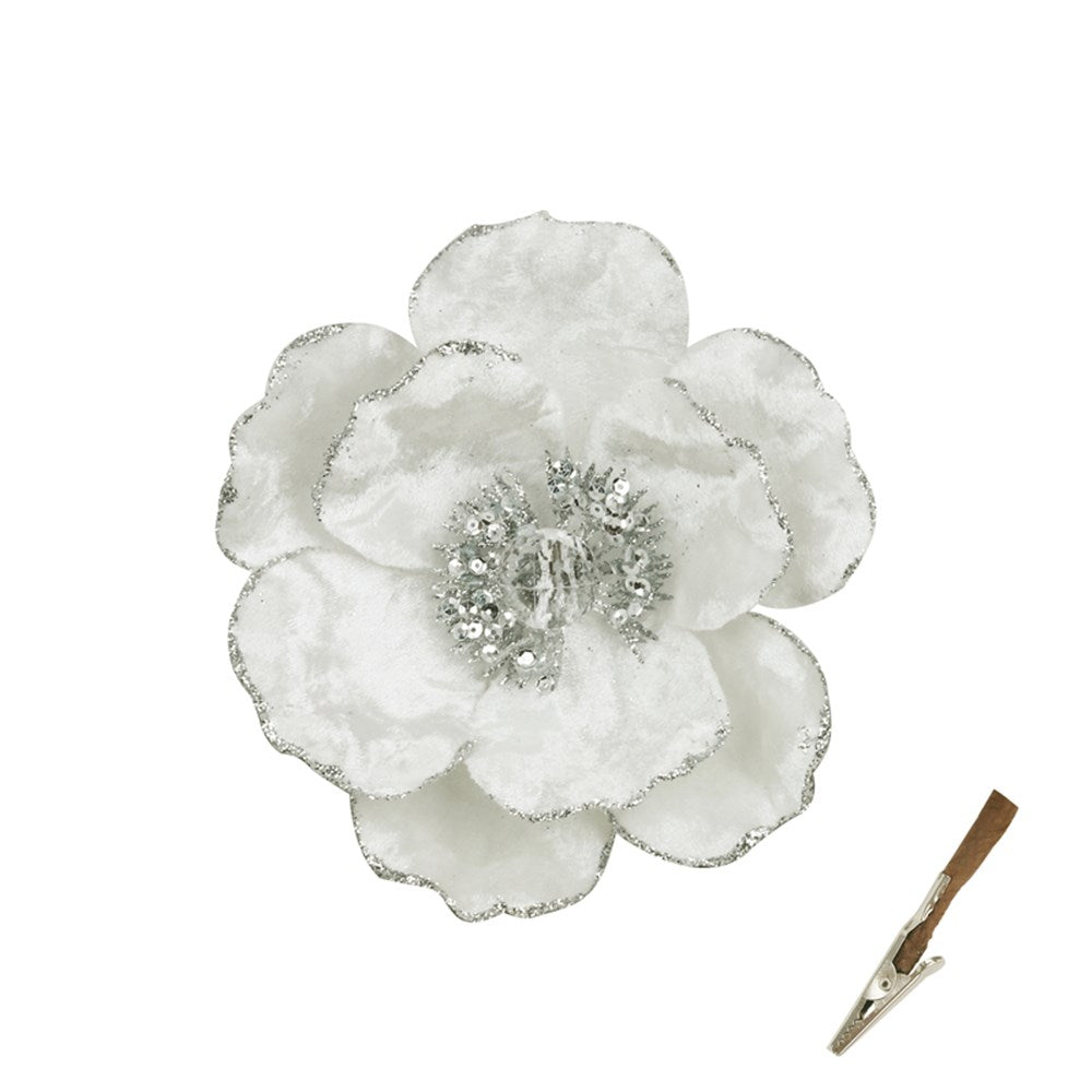 White Magnolia Flower Clip with Silver Detail 14cm