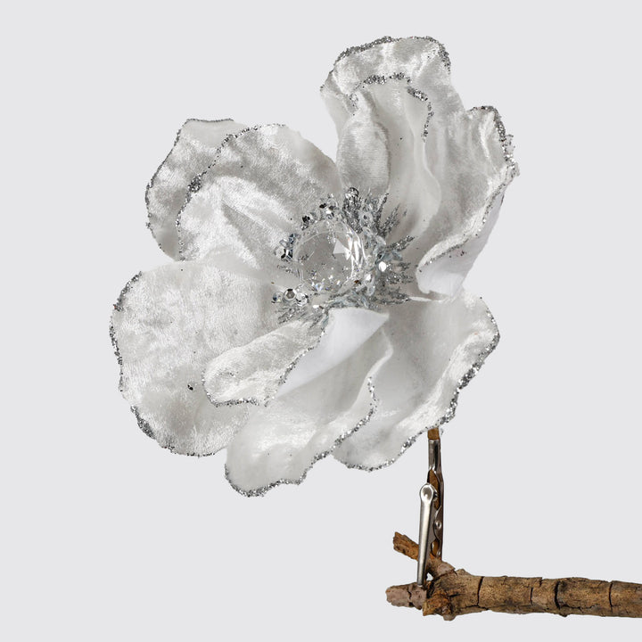 White Magnolia Flower Clip with Silver Detail 14cm