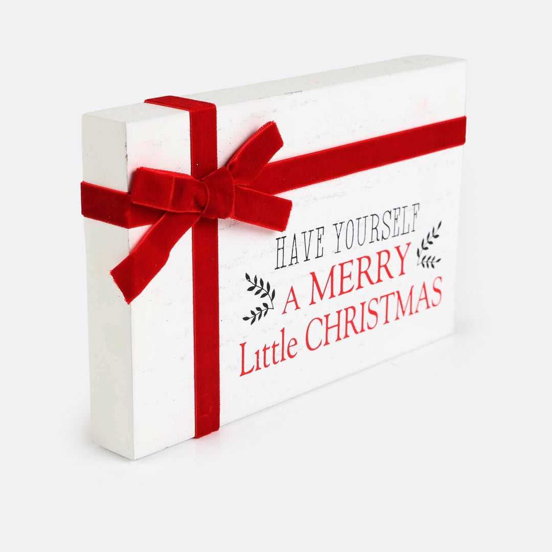 White Merry Little Christmas Sign with Ribbon Bow