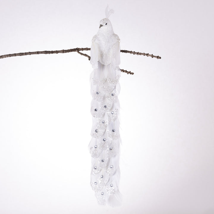 White Peacock Clip with Silver Pearls and Glitter