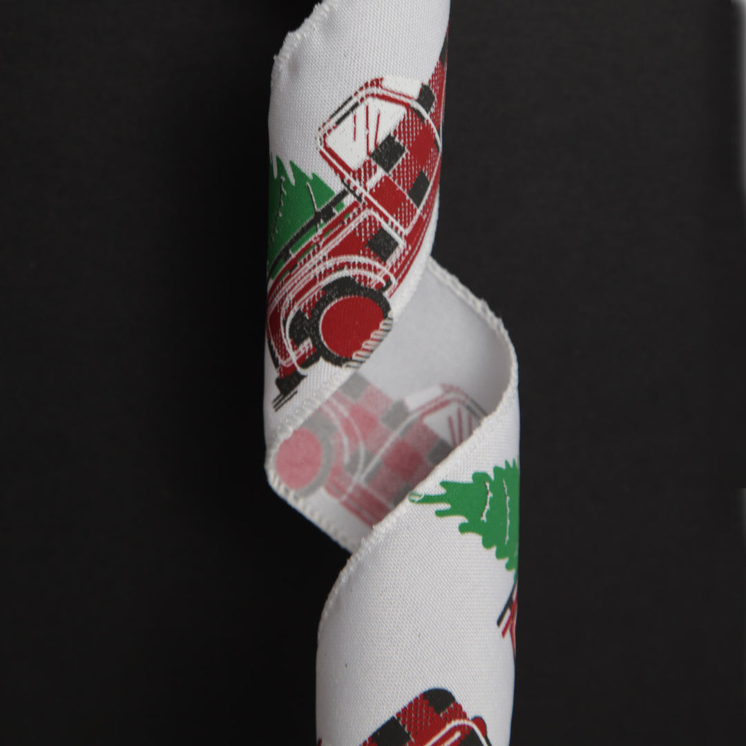 White Ribbon with Christmas Tree Farm Christmas Tree in Truck Print