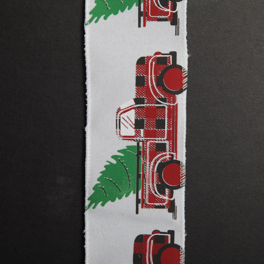 White Ribbon with Christmas Tree Farm Christmas Tree in Truck Print