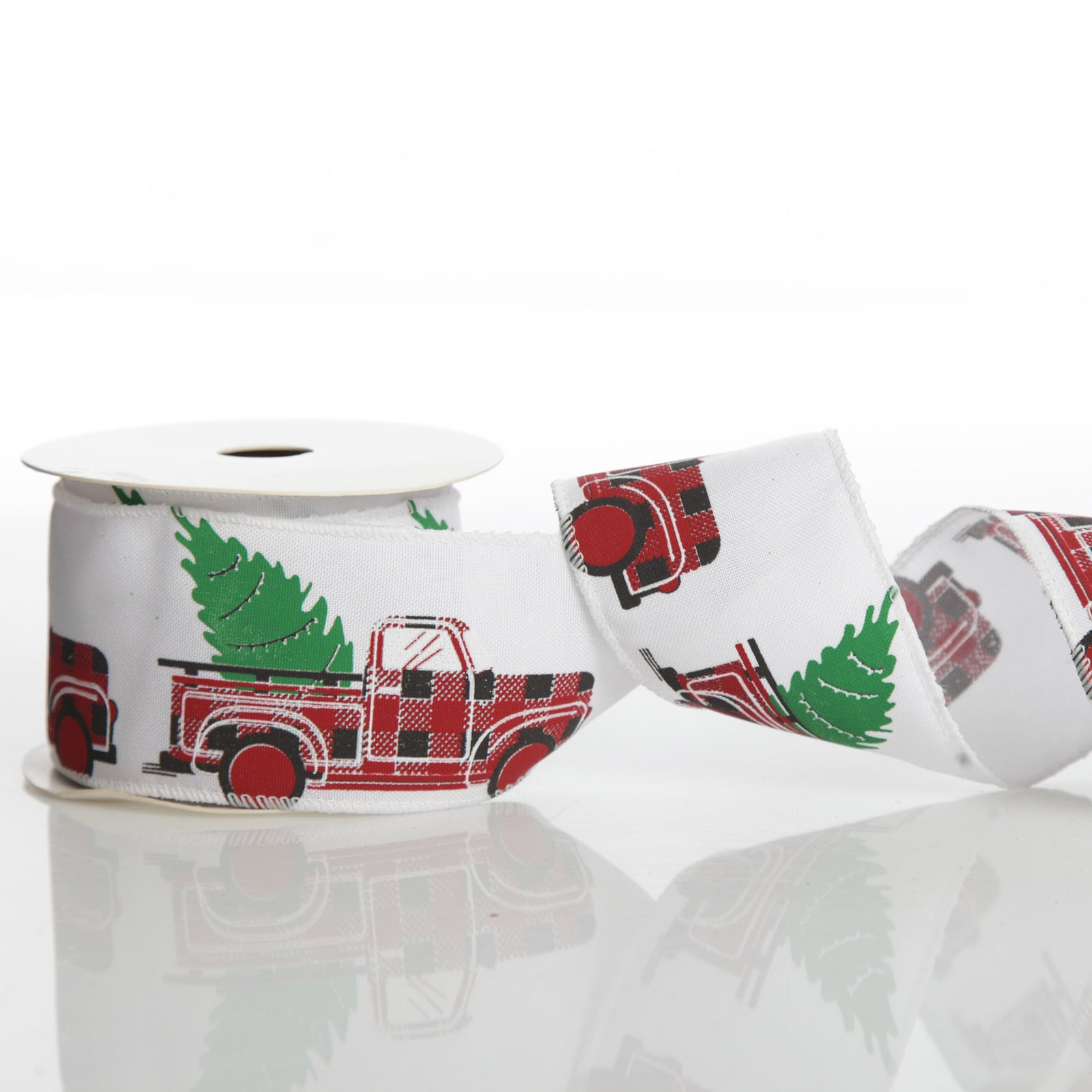White Ribbon with Christmas Tree Farm Christmas Tree in Truck Print