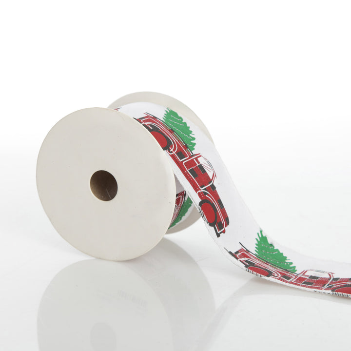 White Ribbon with Christmas Tree Farm Christmas Tree in Truck Print