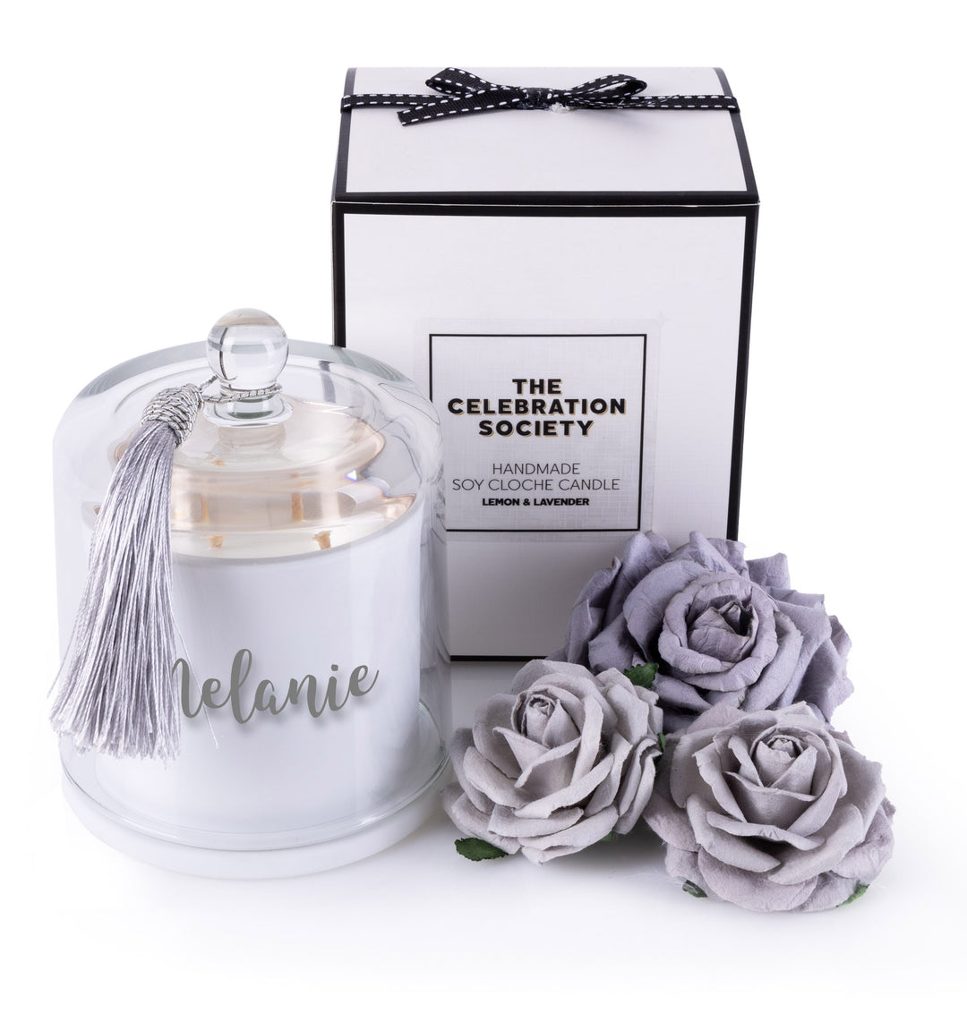 Personalised White Soy Candle with Glass Cloche
