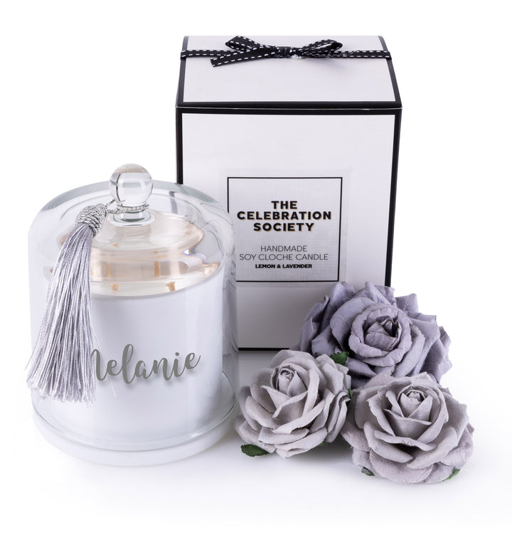 Personalised White Soy Candle with Glass Cloche