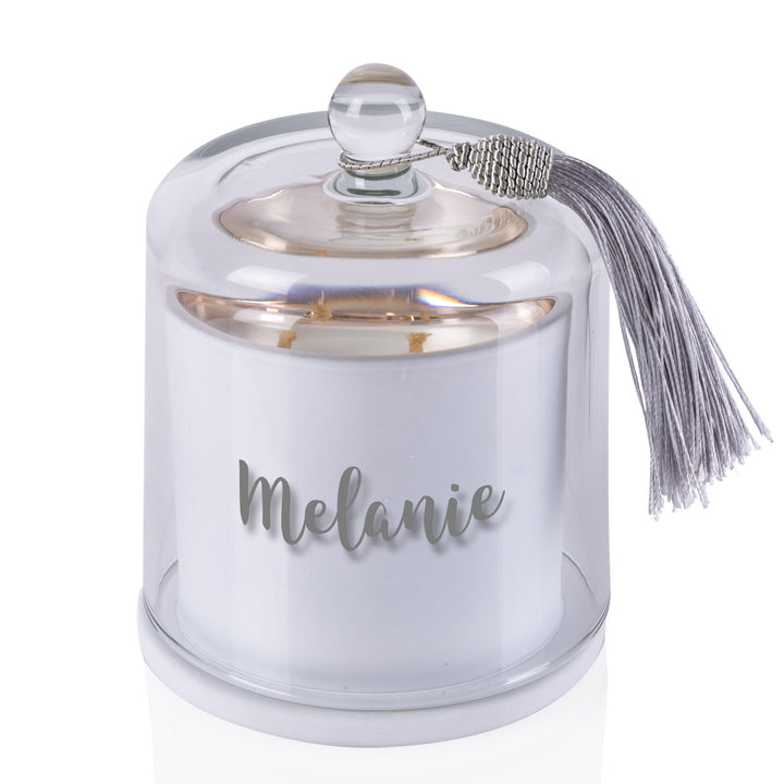 Personalised White Soy Candle with Glass Cloche
