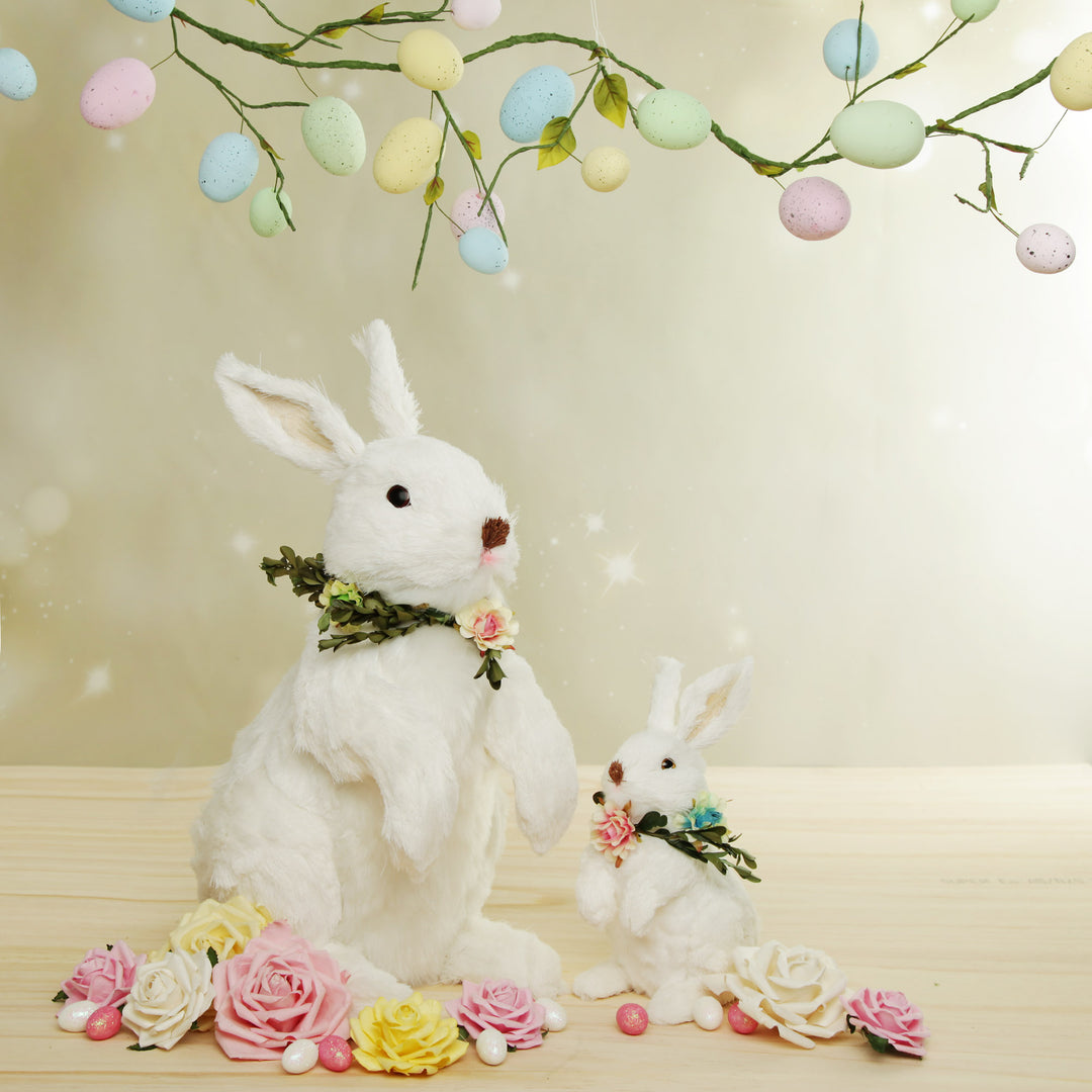 White Straw Bunny with Floral Neck Garland Standing Large