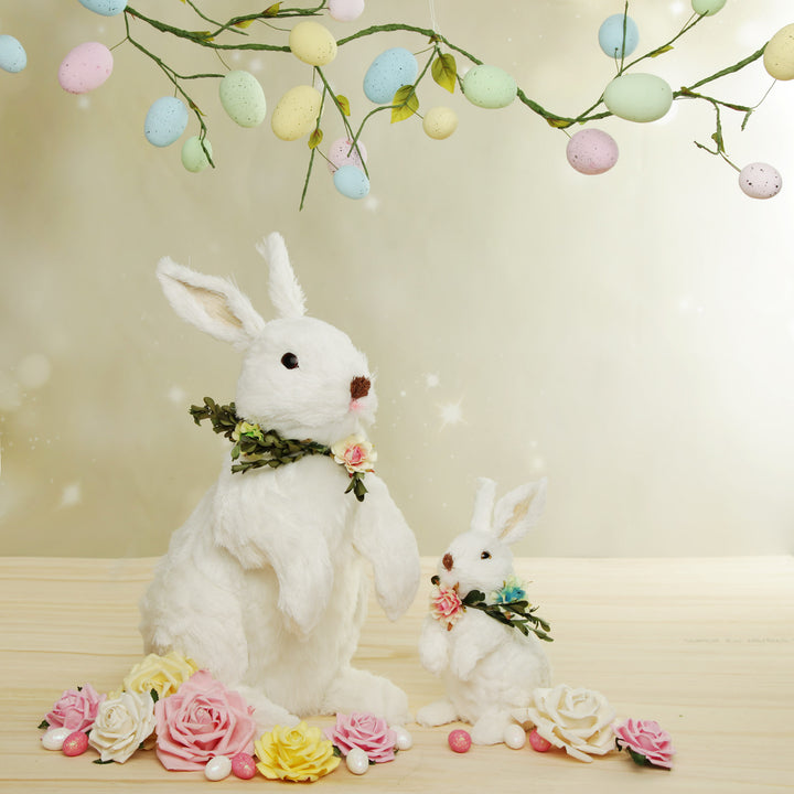 White Straw Bunny with Floral Neck Garland Standing Large
