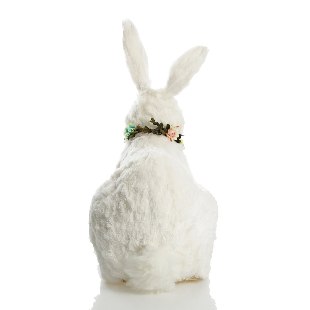 White Straw Bunny with Floral Neck Garland Sitting Large