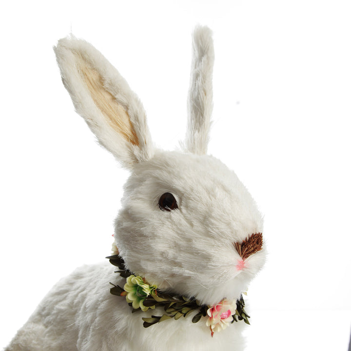 White Straw Bunny with Floral Neck Garland Sitting Large