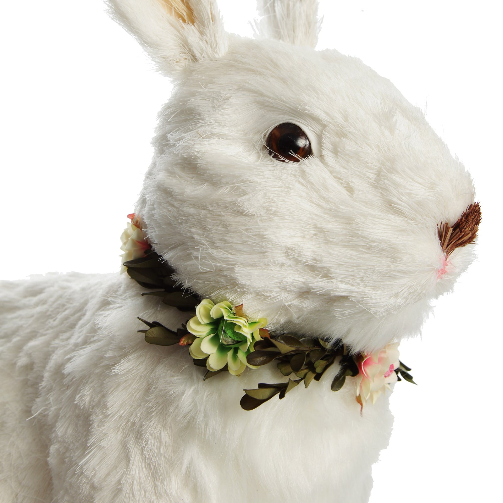White Straw Bunny with Floral Neck Garland Sitting Large