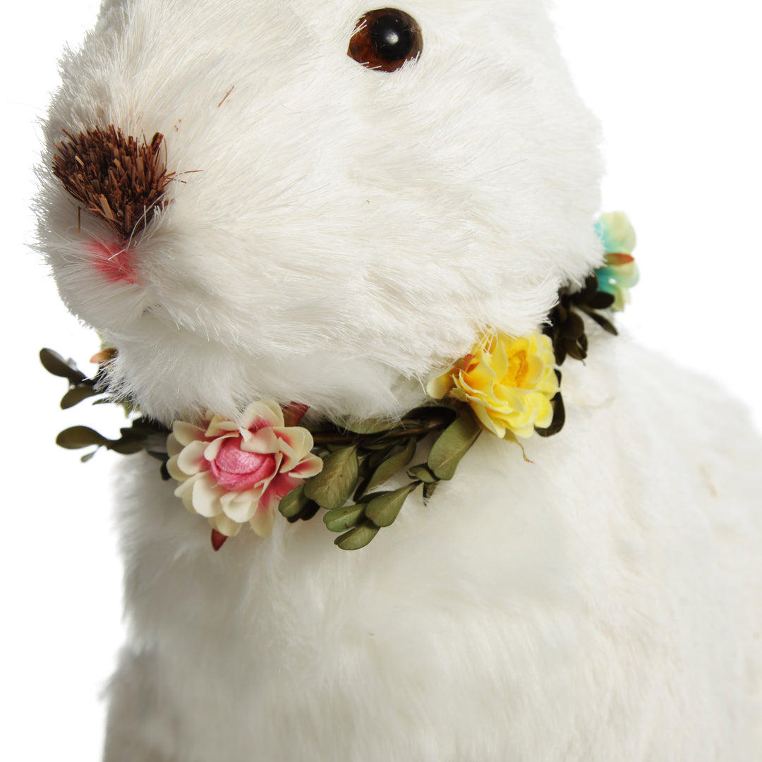 White Straw Bunny with Floral Neck Garland Sitting Large