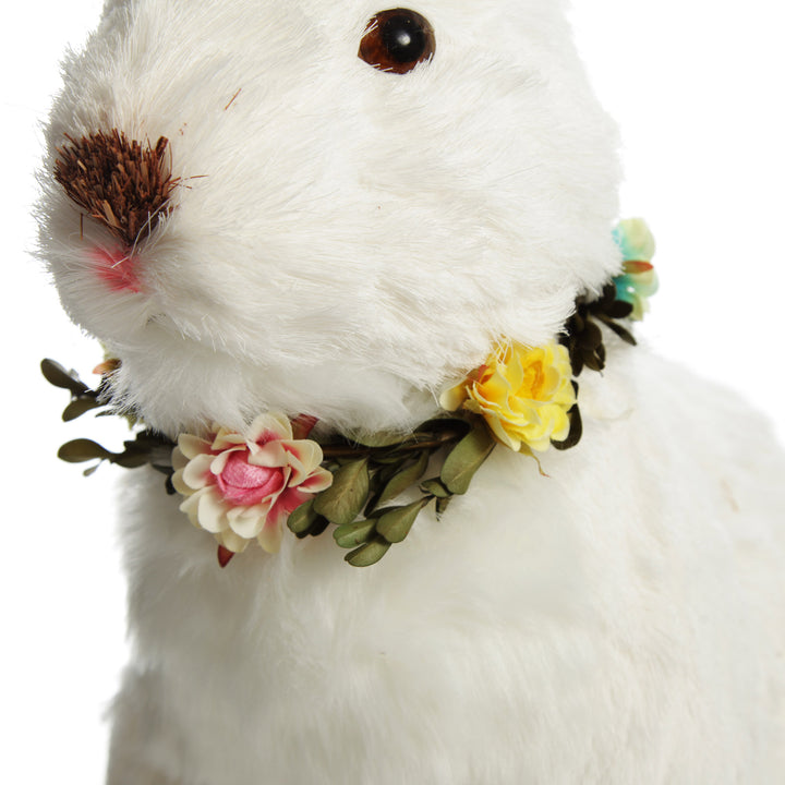White Straw Bunny with Floral Neck Garland Sitting Large
