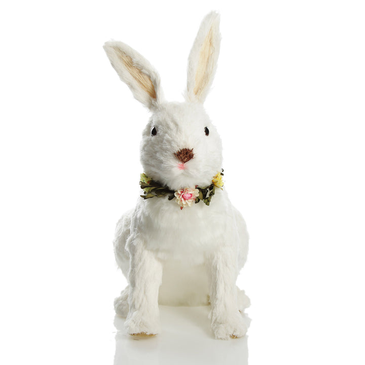 White Straw Bunny with Floral Neck Garland Sitting Large