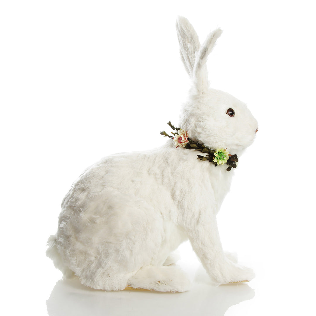 White Straw Bunny with Floral Neck Garland Sitting Large