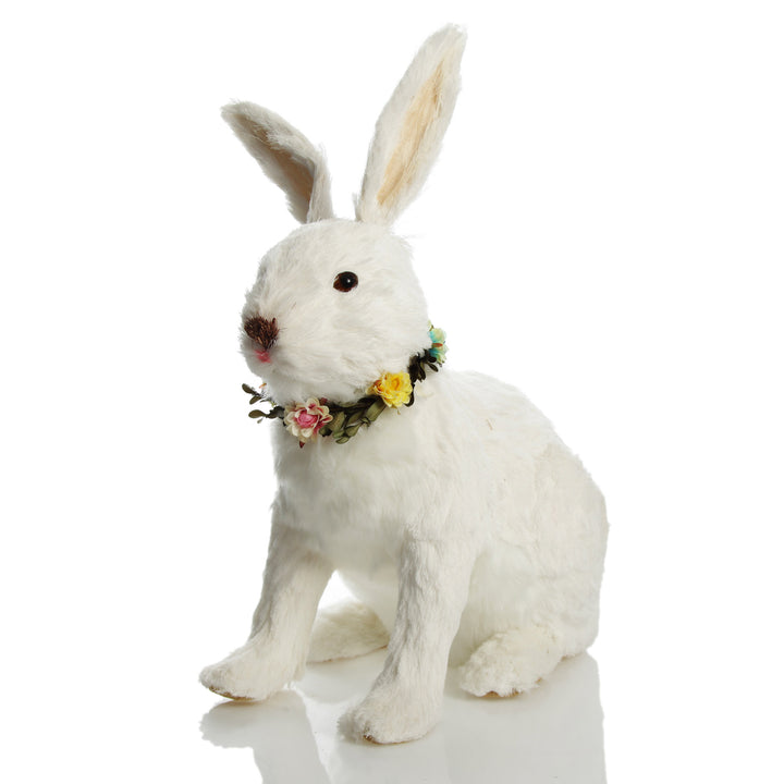 White Straw Bunny with Floral Neck Garland Sitting Large