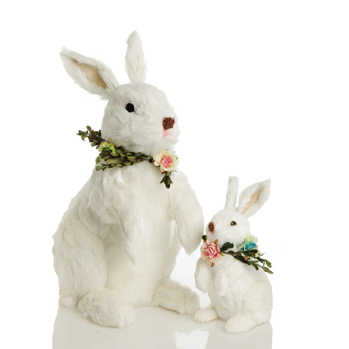 White Straw Bunny with Floral Neck Garland Standing Large