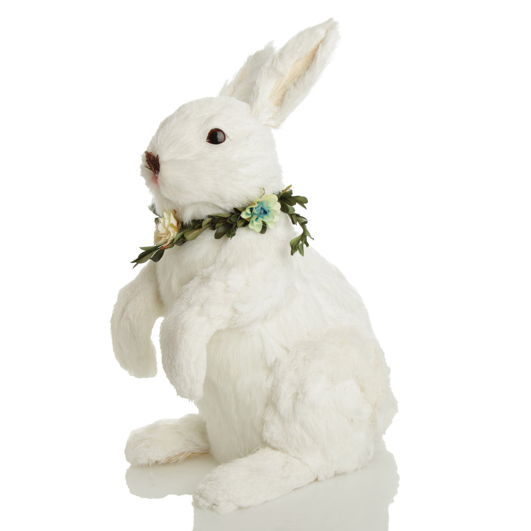 White Straw Bunny with Floral Neck Garland Standing Large