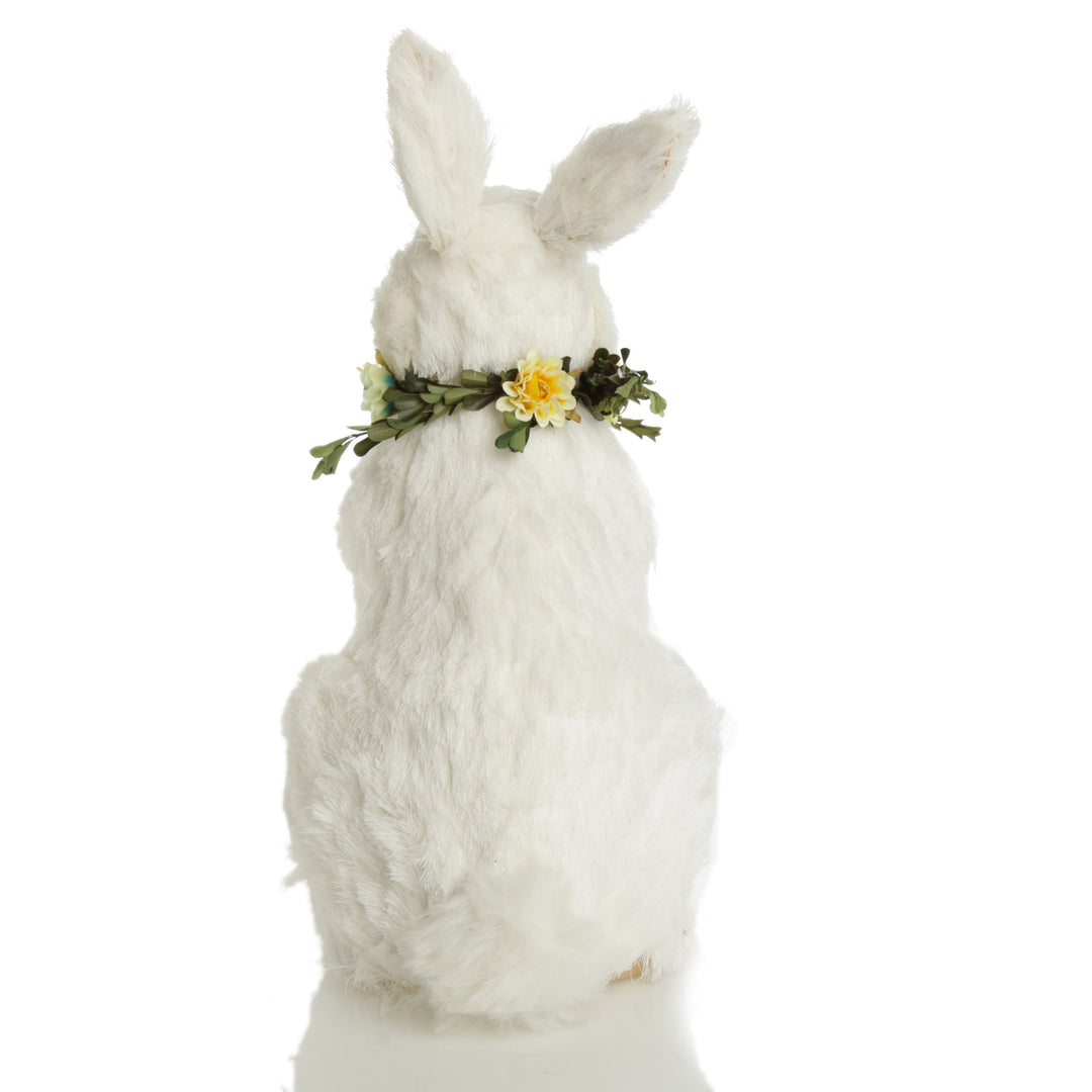 White Straw Bunny with Floral Neck Garland Standing Large