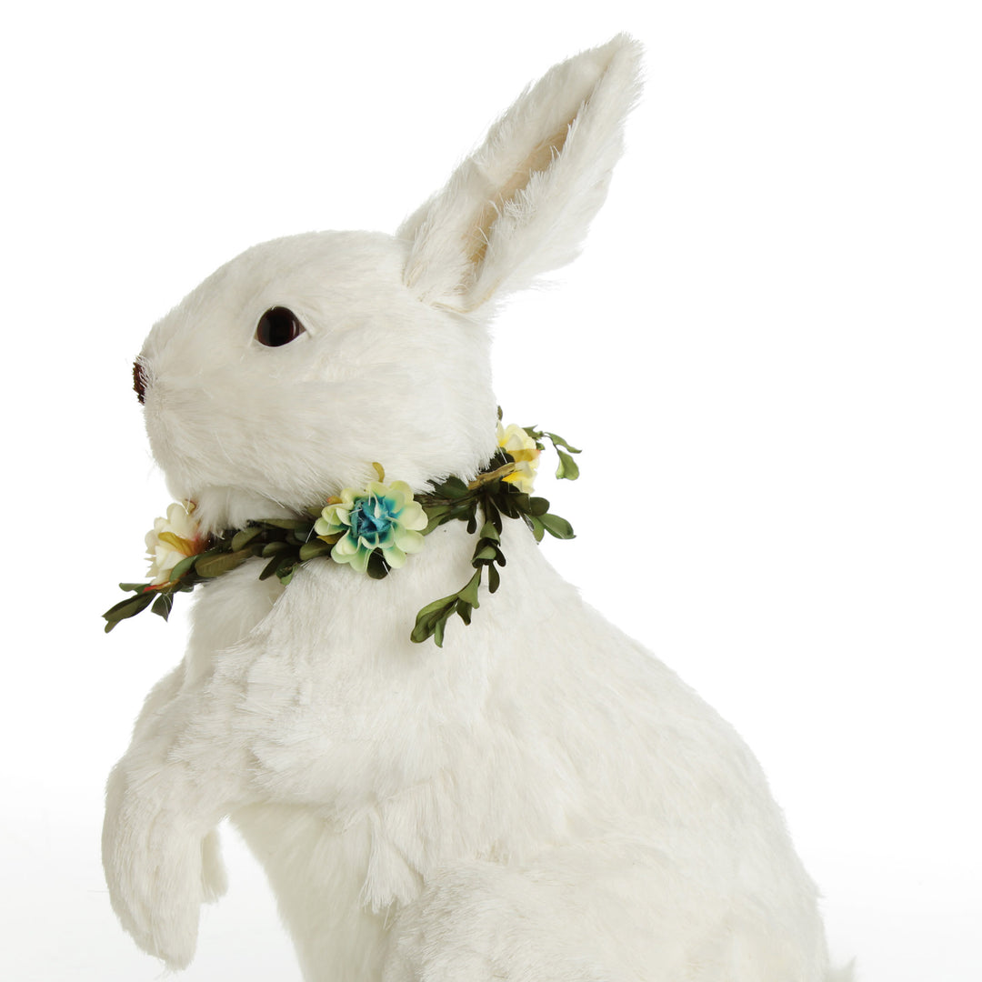 White Straw Bunny with Floral Neck Garland Standing Large
