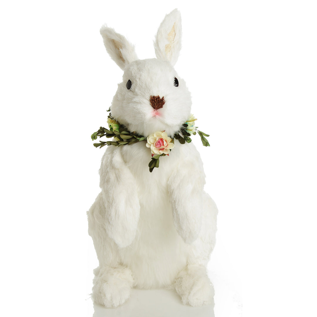 White Straw Bunny with Floral Neck Garland Standing Large