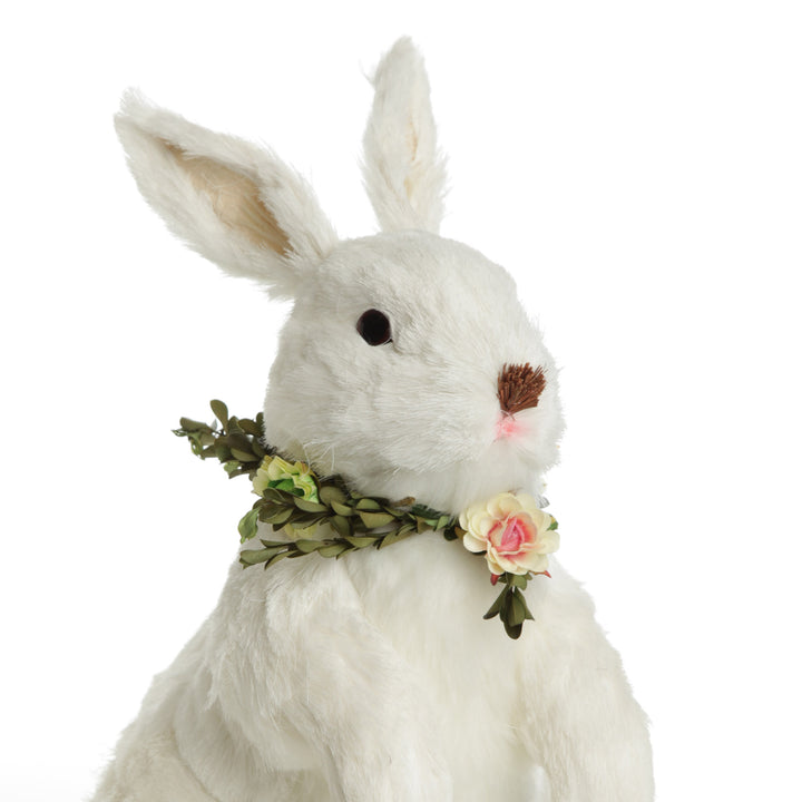 White Straw Bunny with Floral Neck Garland Standing Large