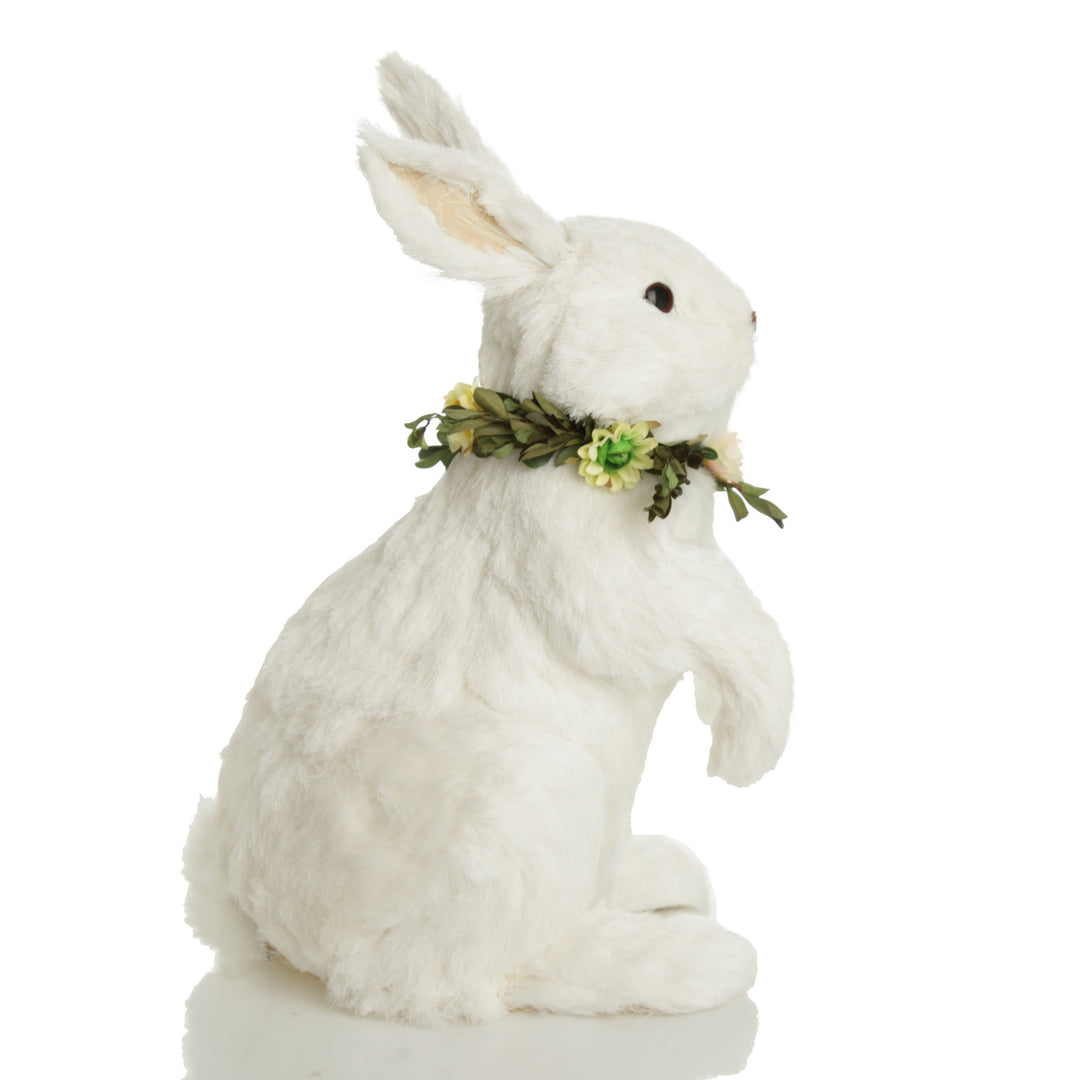 White Straw Bunny with Floral Neck Garland Standing Large