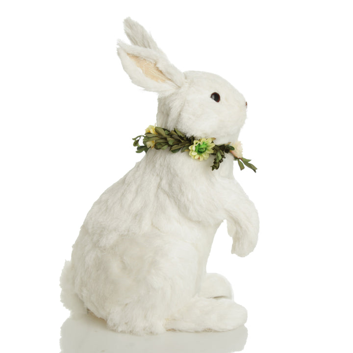White Straw Bunny with Floral Neck Garland Standing Large