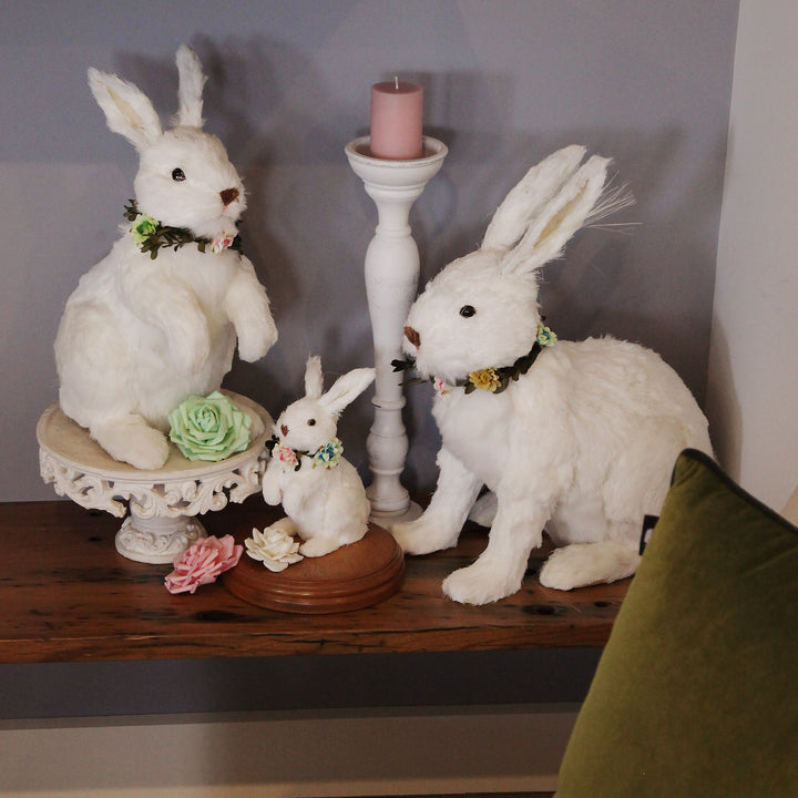 White Straw Bunny with Floral Neck Garland Sitting Large