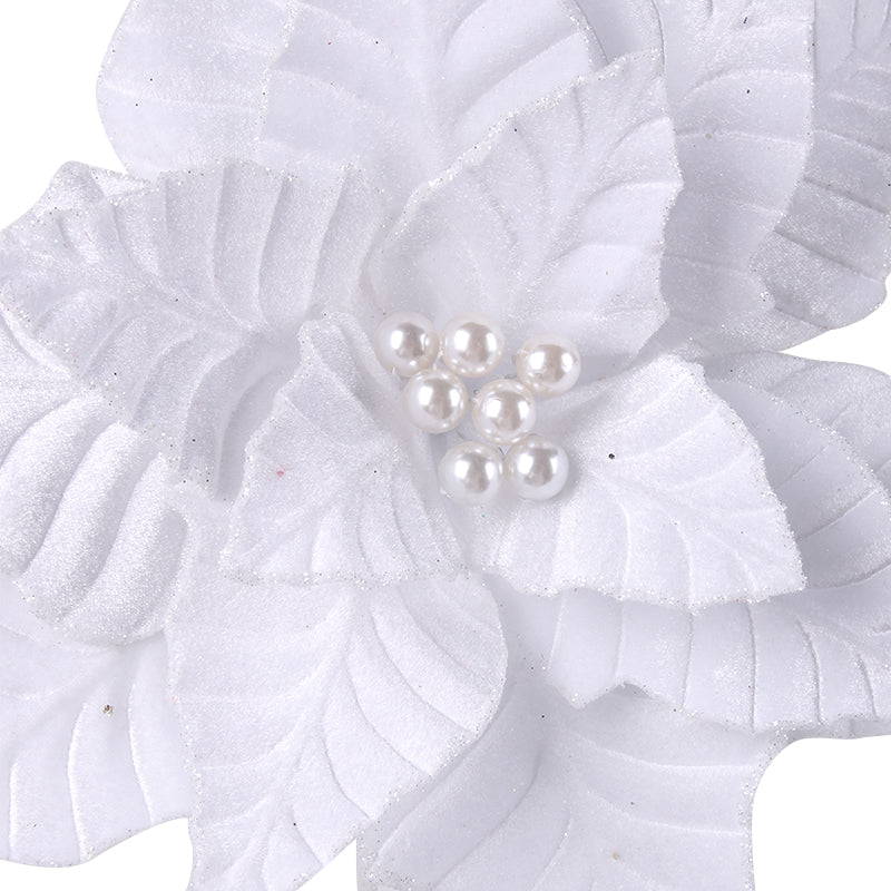 White Velvet Poinsettia Flower Stem with Pearl Centre