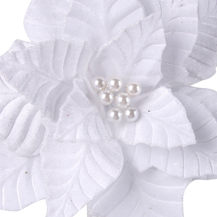 White Velvet Poinsettia Flower Stem with Pearl Centre