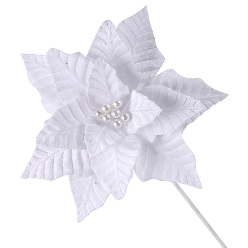 White Velvet Poinsettia Flower Stem with Pearl Centre