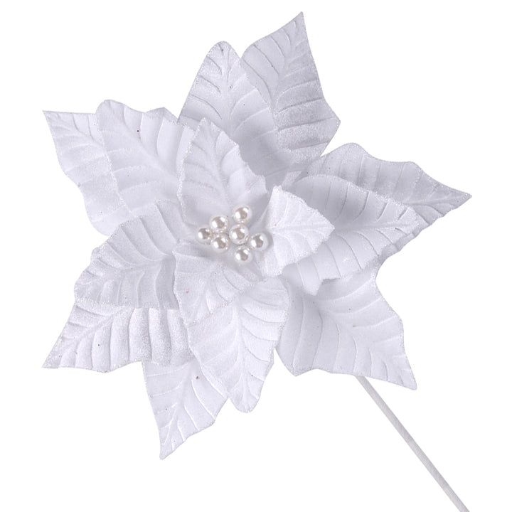 White Velvet Poinsettia Flower Stem with Pearl Centre