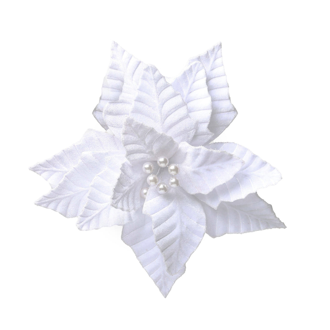 White Velvet Poinsettia Flower Stem With Pearl Centre