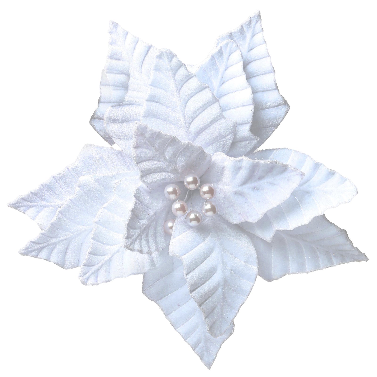 White Velvet Poinsettia Flower Stem With Pearl Centre