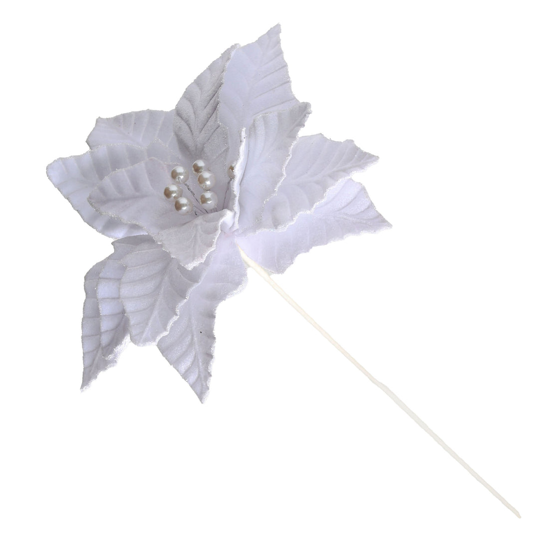 White Velvet Poinsettia Flower Stem With Pearl Centre