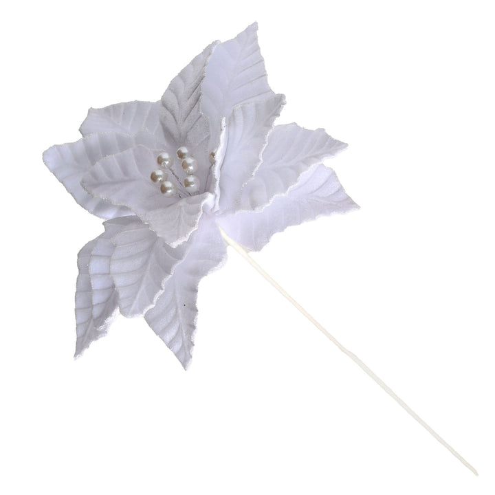 White Velvet Poinsettia Flower Stem With Pearl Centre