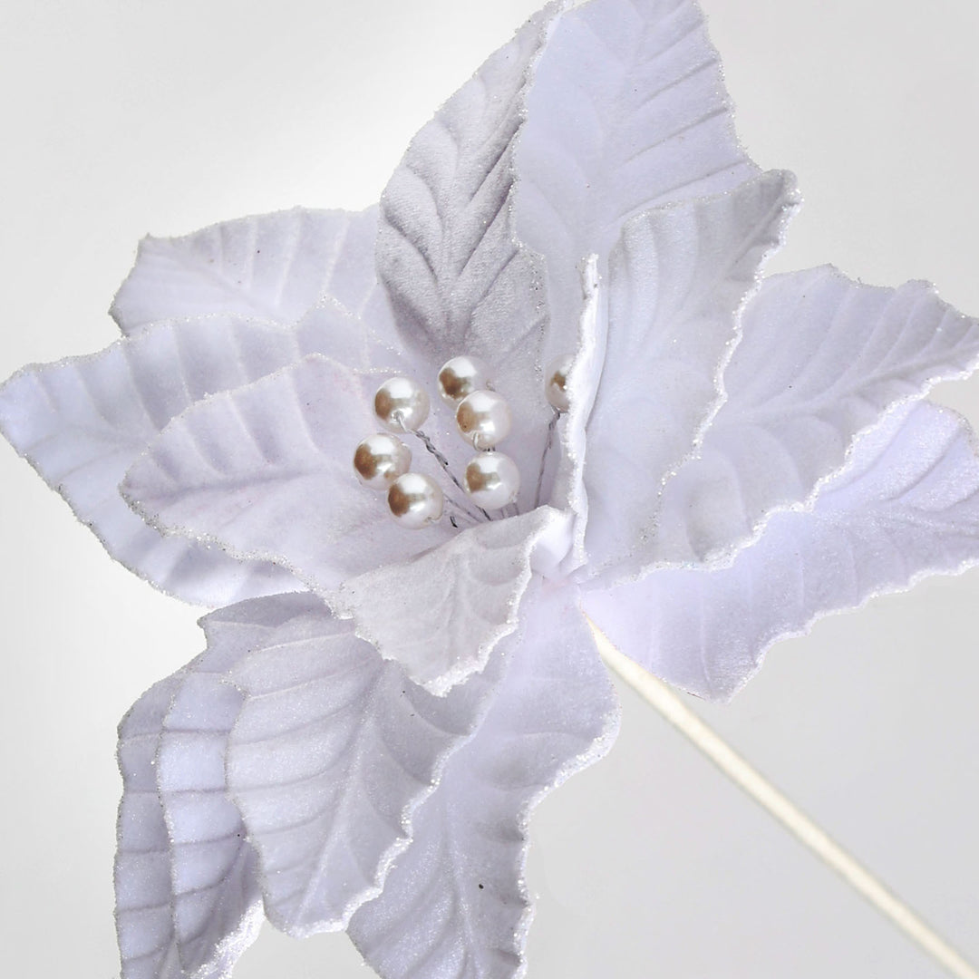 White Velvet Poinsettia Flower Stem With Pearl Centre