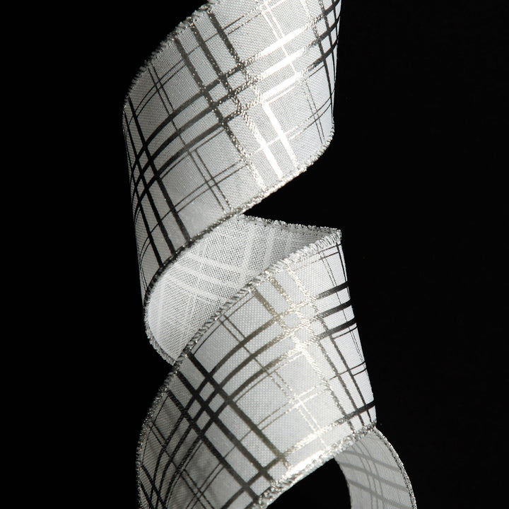 White with Silver Cross Pattern Wired Christmas Ribbon