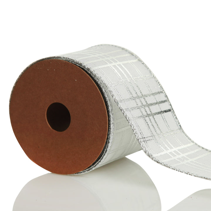 White with Silver Cross Pattern Wired Christmas Ribbon
