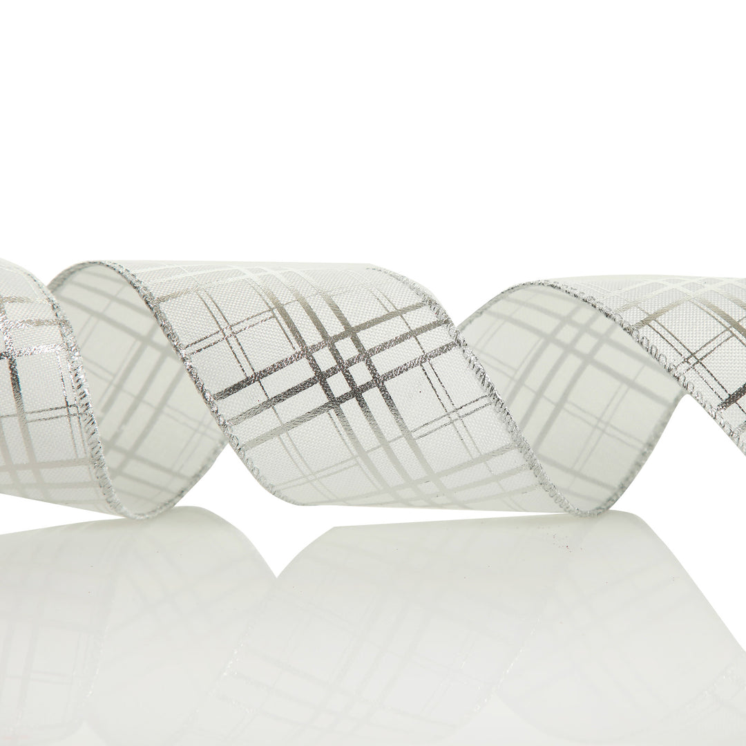 White with Silver Cross Pattern Wired Christmas Ribbon
