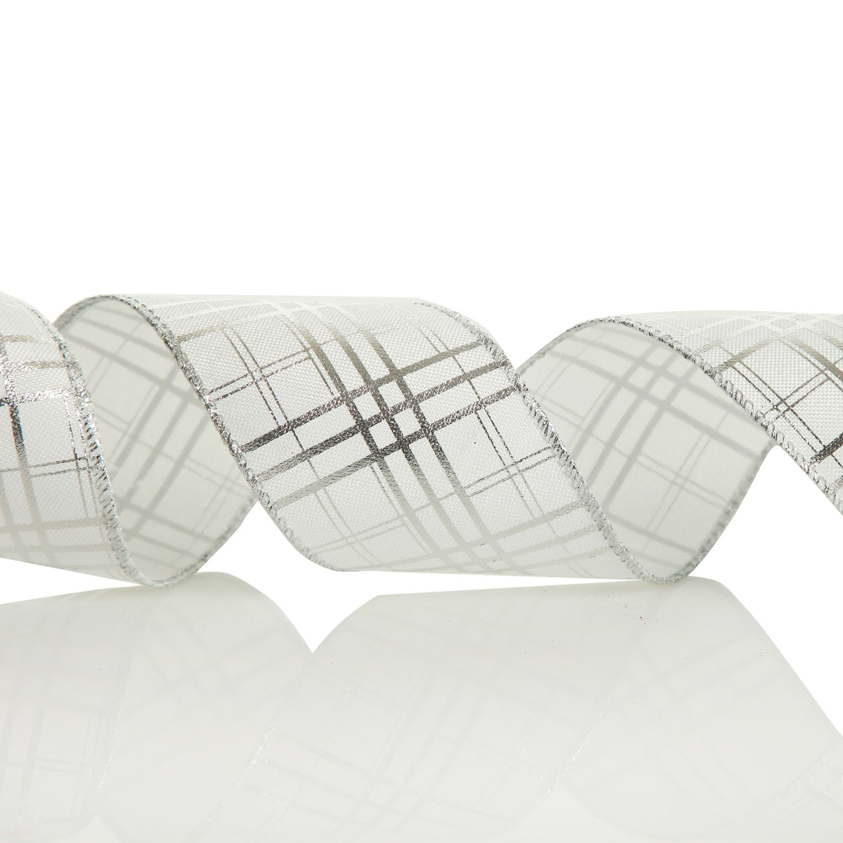 White with Silver Cross Pattern Wired Christmas Ribbon