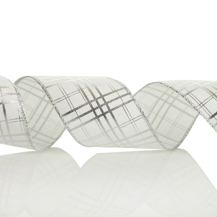 White with Silver Cross Pattern Wired Christmas Ribbon
