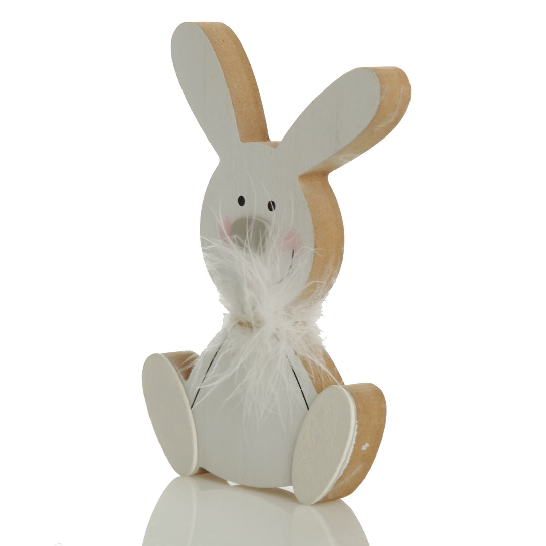 White Wood Bunny Ornament with Feather Boa