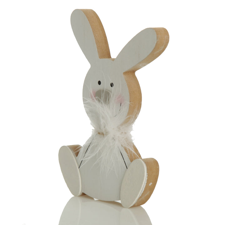 White Wood Bunny Ornament with Feather Boa