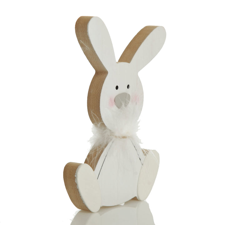 White Wood Bunny Ornament with Feather Boa