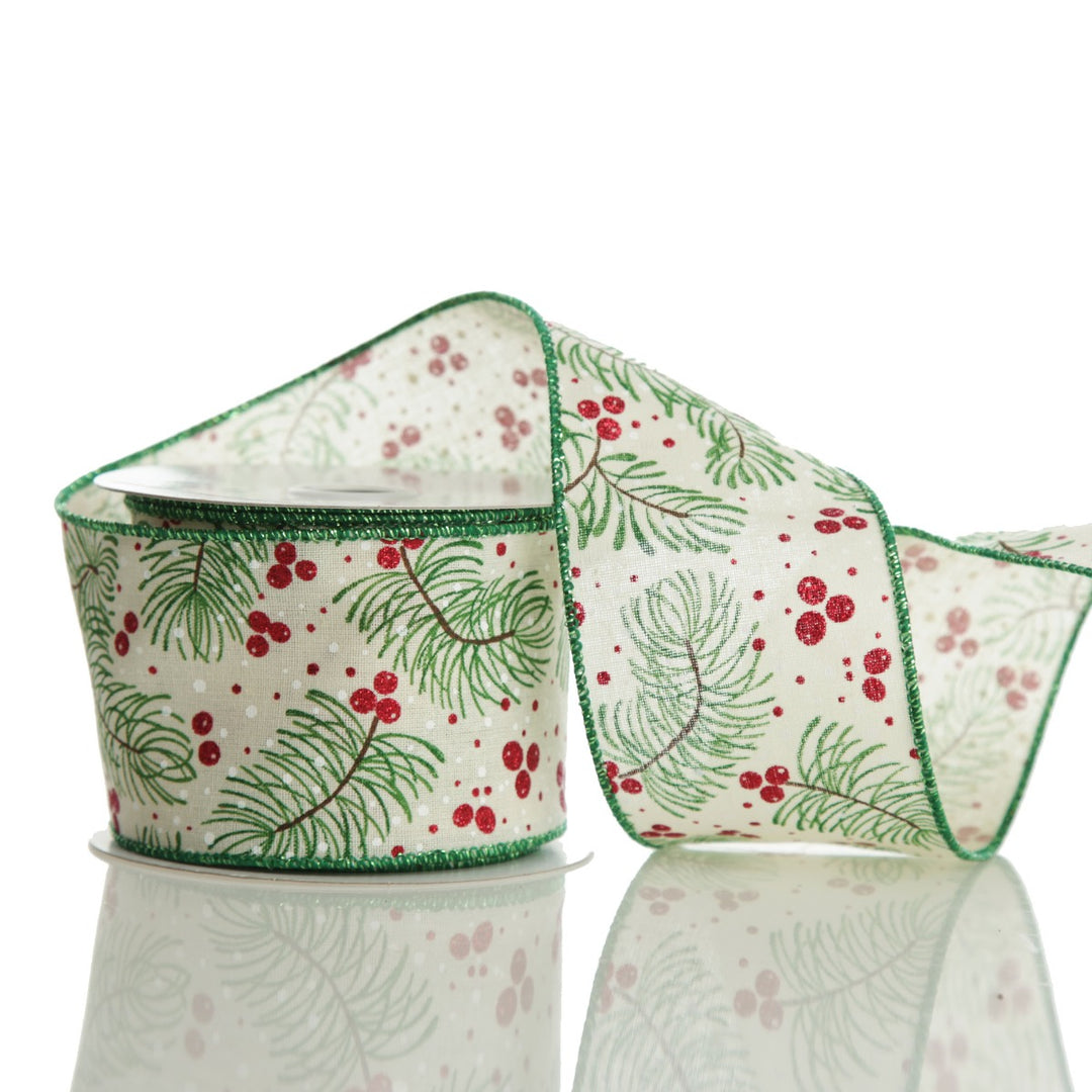 Wide White with Green Fir and Red Berry Ribbon