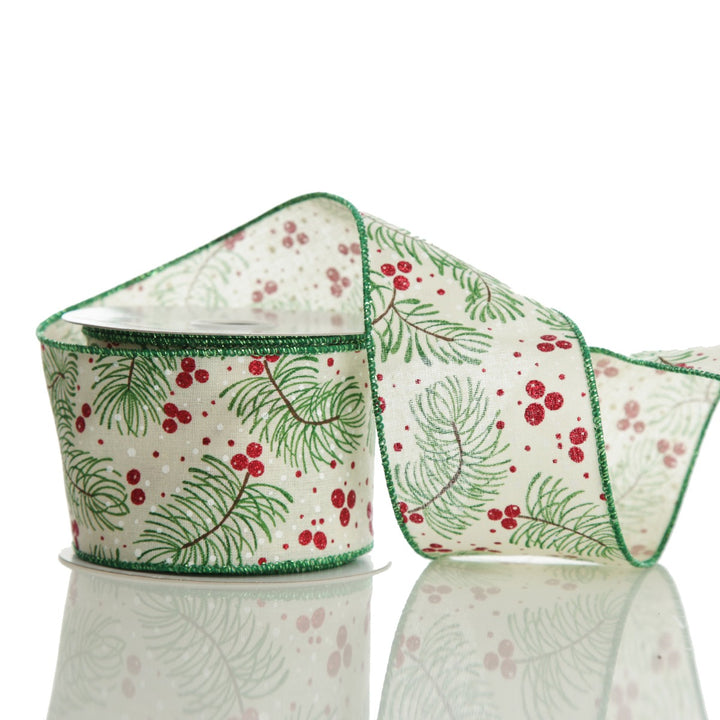 Wide White with Green Fir and Red Berry Ribbon