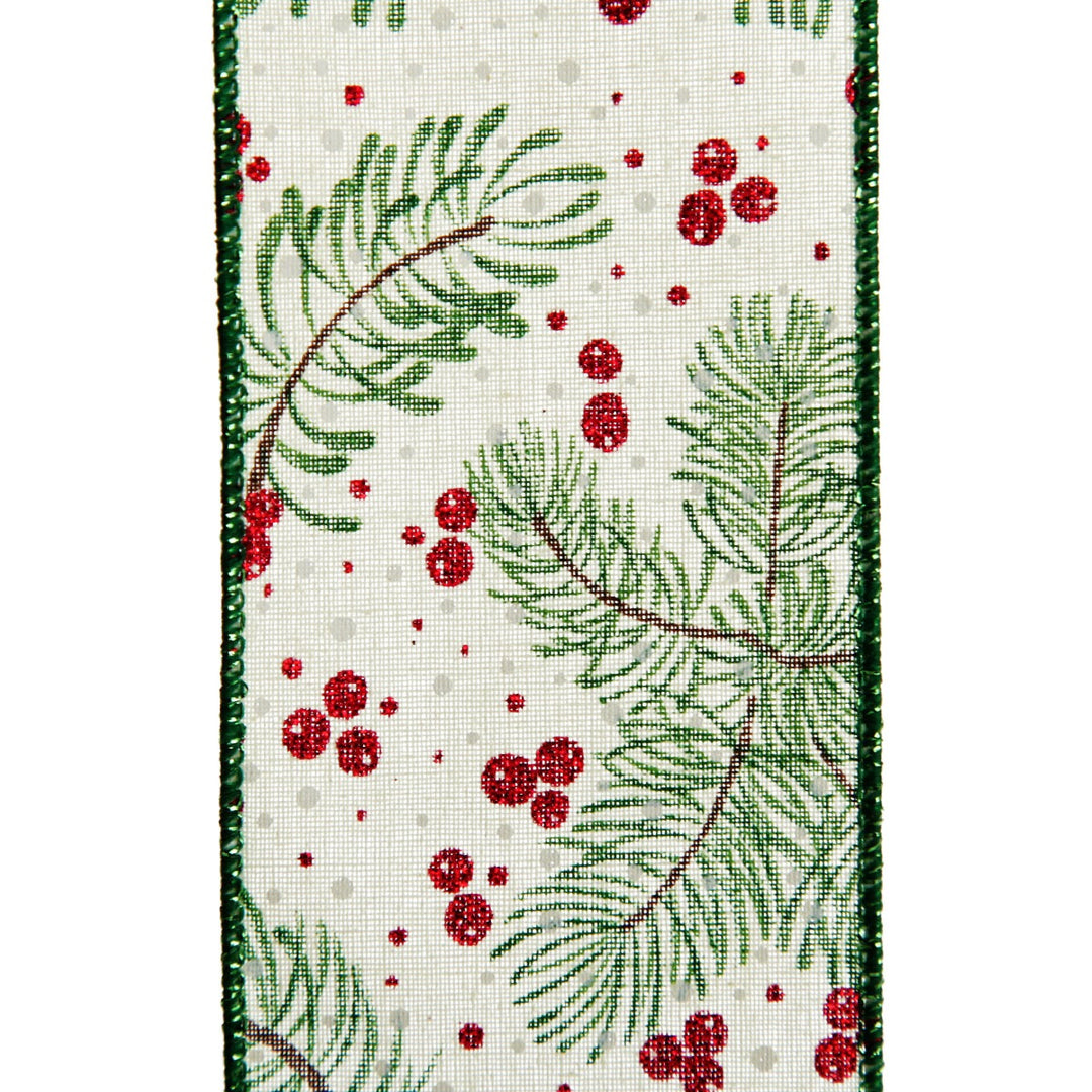 Wide White with Green Fir and Red Berry Ribbon close up